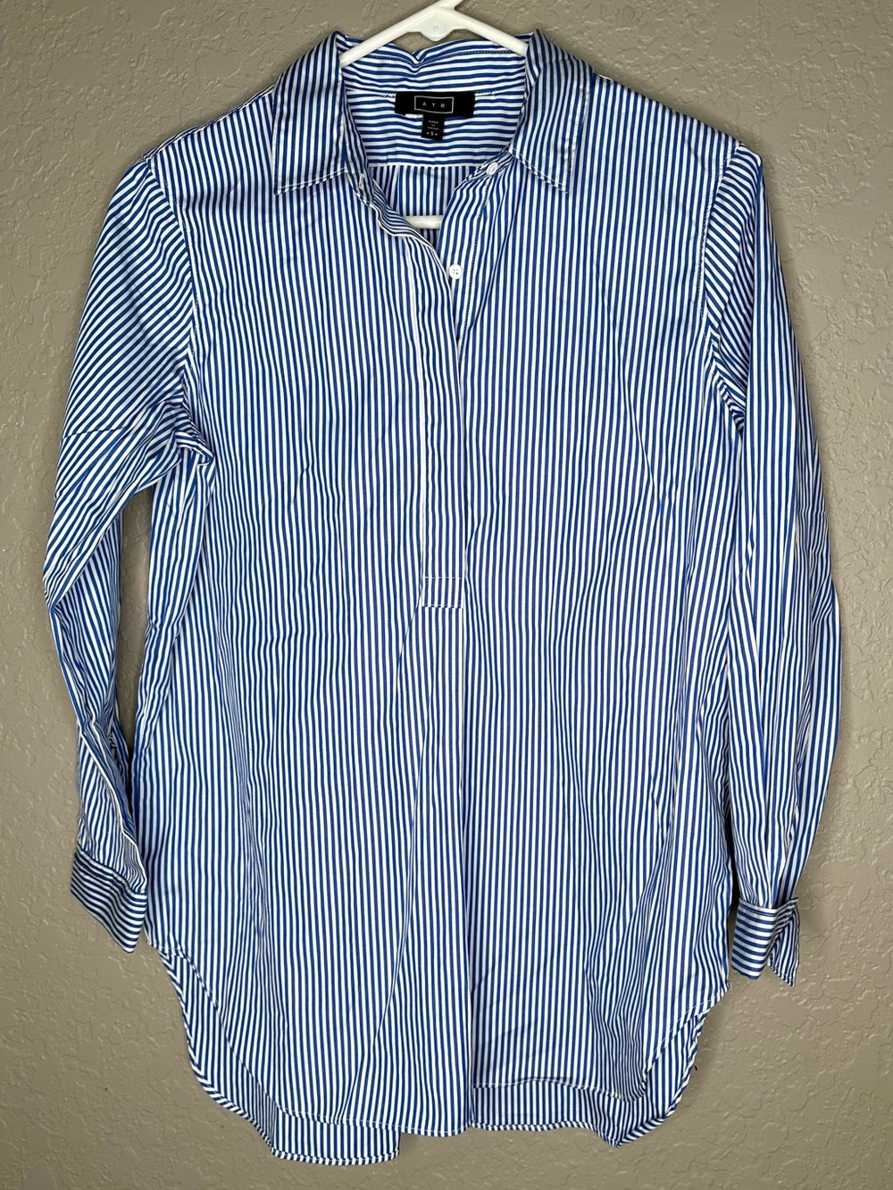 AYR Striped Popover Tunic Shirt Quarter Button No Pocket Blue White.